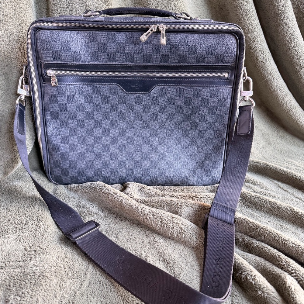 Louis Vuitton Black Checkered Bag with Silver Zipper